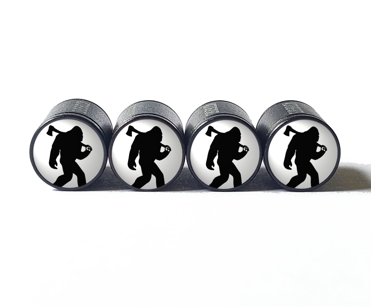 Bigfoot Sasquatch Lumberjack with Axe Tire Valve Caps - Black Aluminum - Set of Four