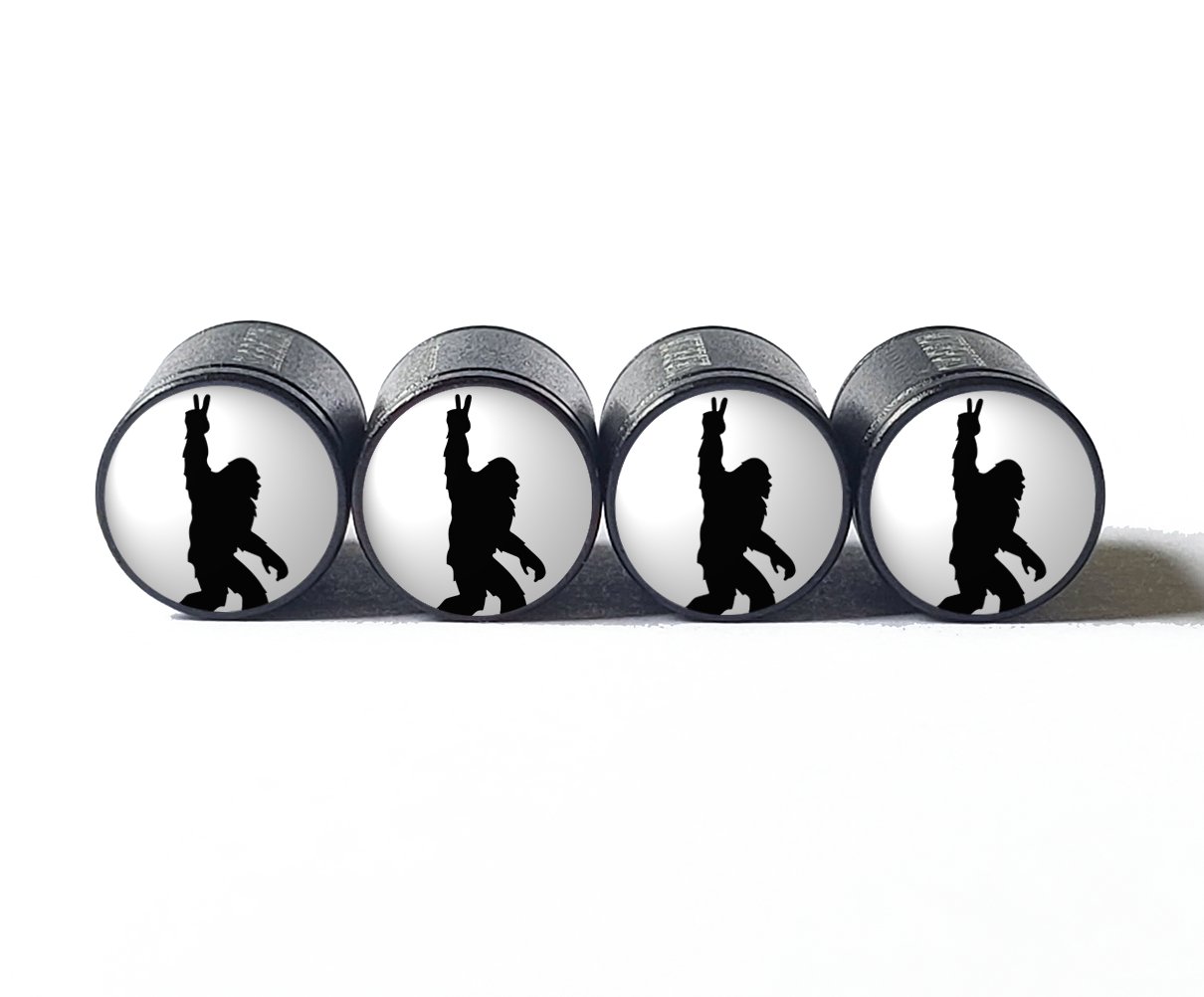 Bigfoot Sasquatch Peace Sign Tire Valve Caps - Black Aluminum - Set of Four