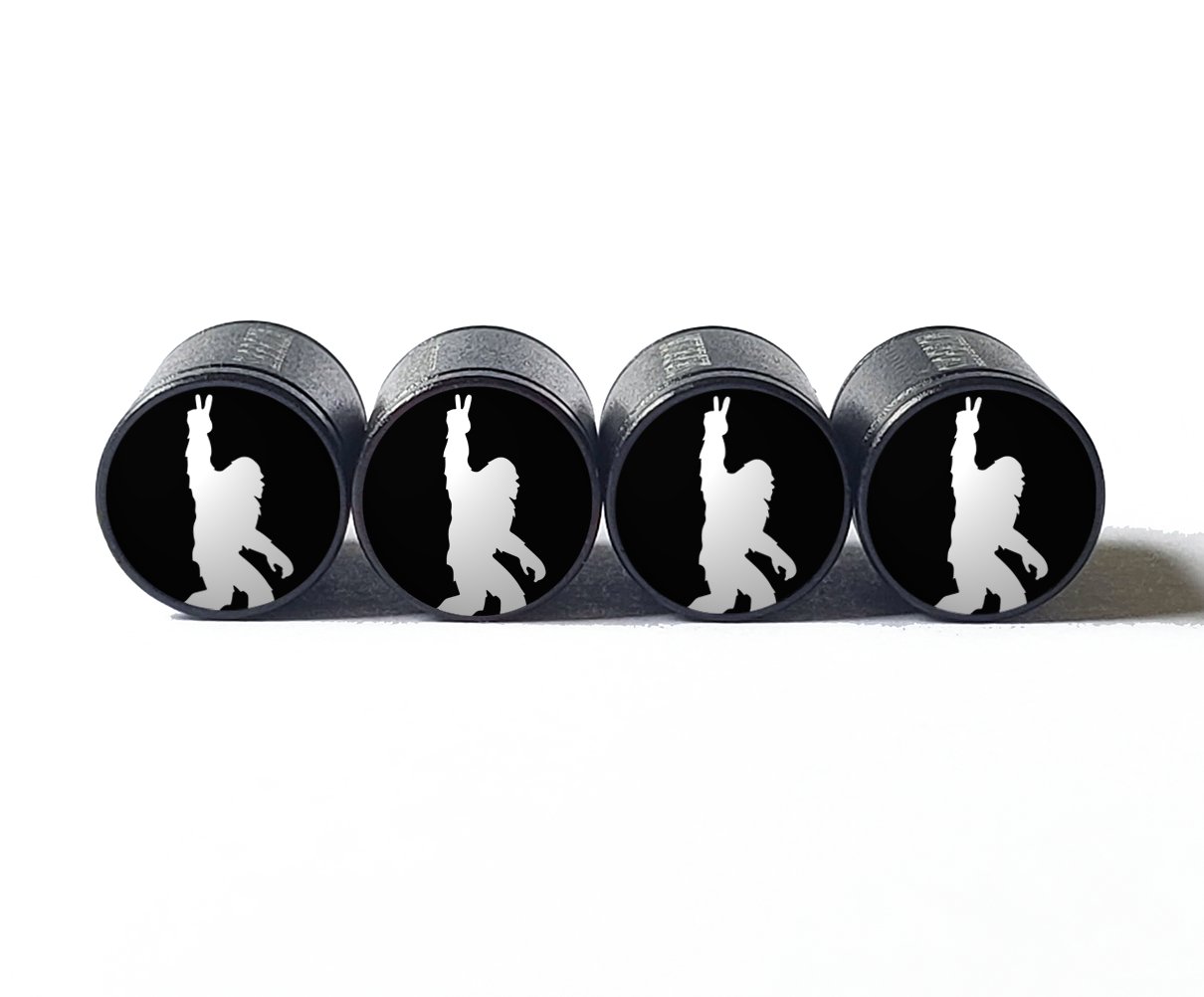 Bigfoot Sasquatch Peace Sign Tire Valve Caps - Black Aluminum - Set of Four