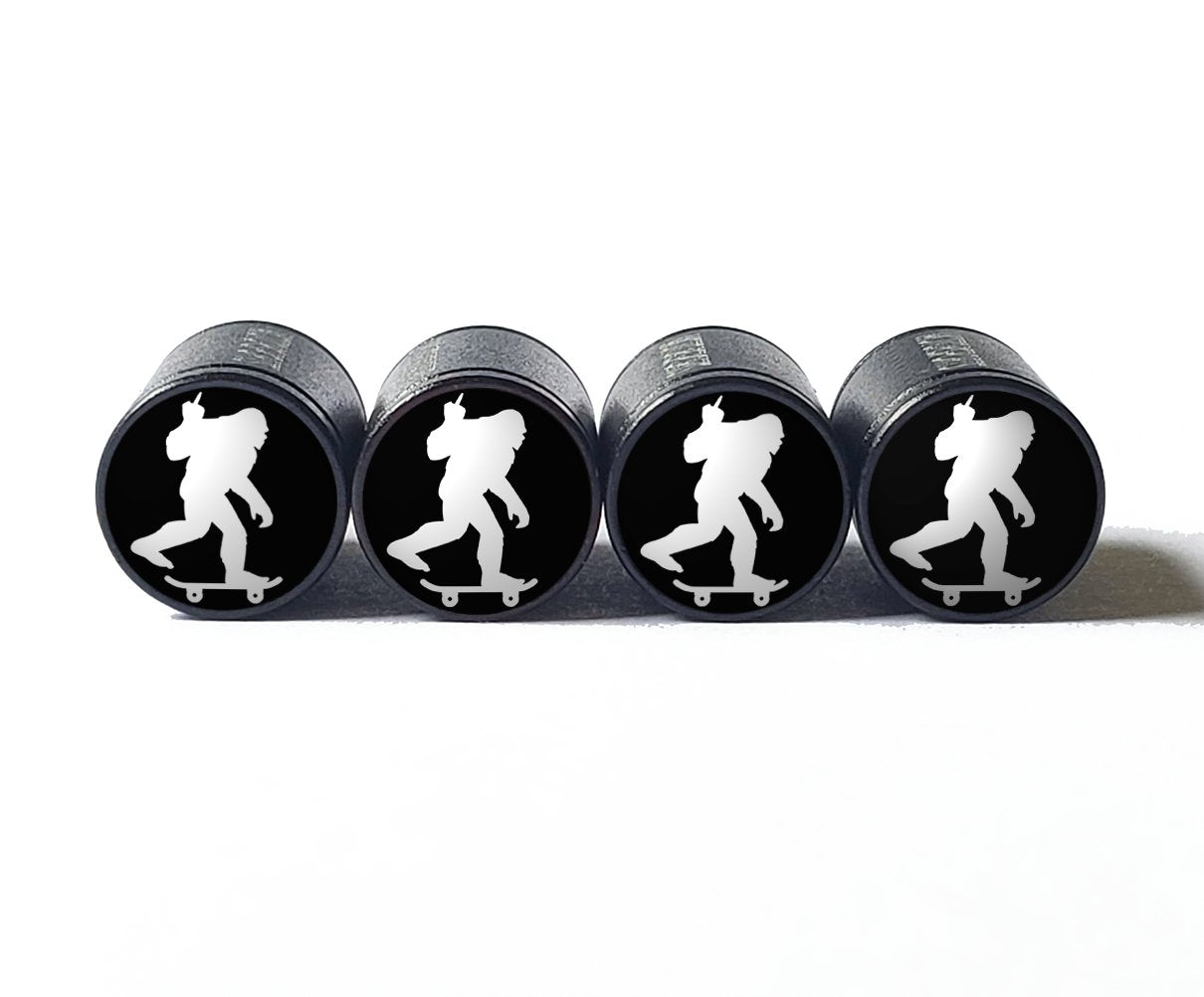 Bigfoot Sasquatch Skateboarding Middle Finger Tire Valve Caps - Black Aluminum - Set of Four