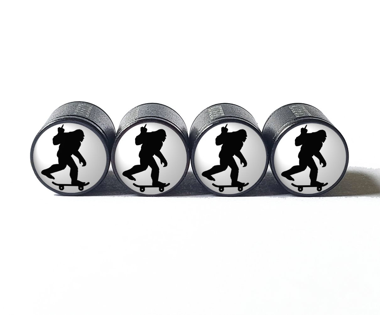 Bigfoot Sasquatch Skateboarding Middle Finger Tire Valve Caps - Black Aluminum - Set of Four