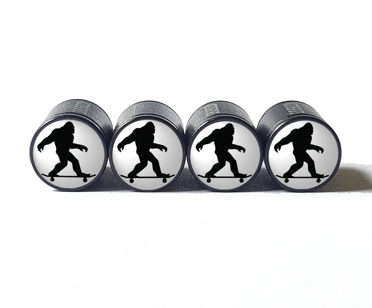 Bigfoot Sasquatch Skateboarding Tire Valve Caps - Black Aluminum - Set of Four