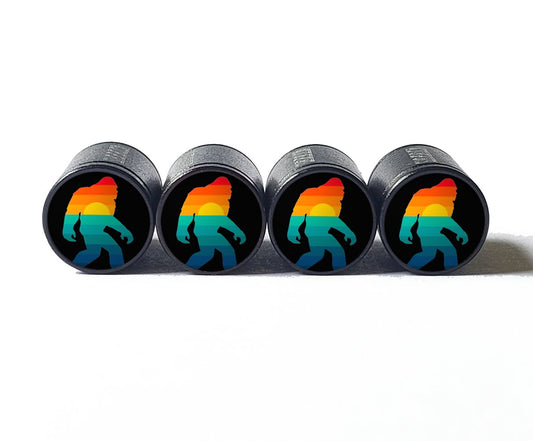 Bigfoot Sasquatch Vintage Rainbow Sunset Tire Valve Caps - Black Aluminum - Set of Four