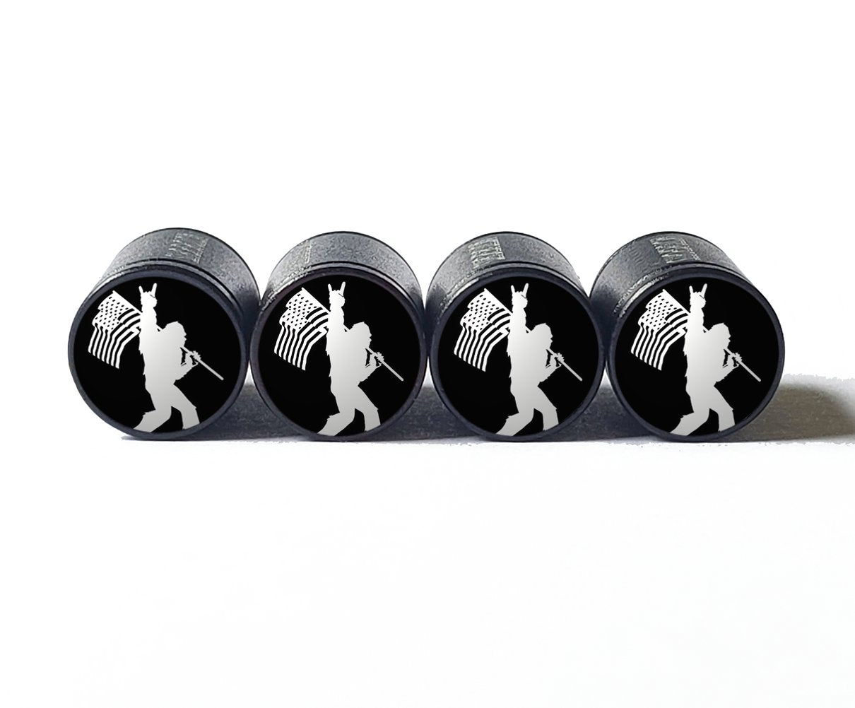 Bigfoot Sasquatch with American Flag Tire Valve Caps - Black Aluminum - Set of Four