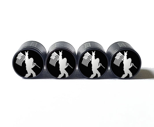 Bigfoot Sasquatch with American Flag Tire Valve Caps - Black Aluminum - Set of Four