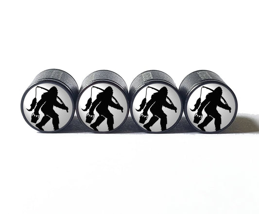 Bigfoot Sasquatch with Fishing Pole Tire Valve Caps - Black Aluminum - Set of Four