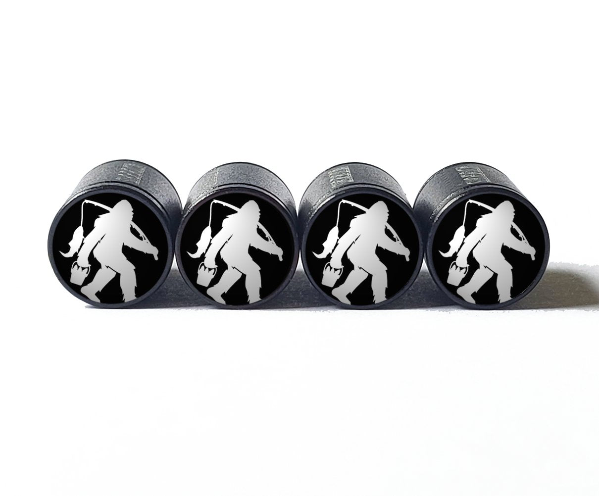 Bigfoot Sasquatch with Fishing Pole Tire Valve Caps - Black Aluminum