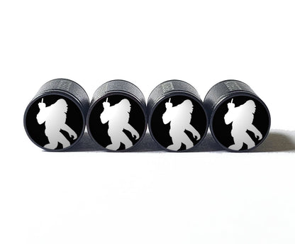 Bigfoot Sasquatch with Middle Finger Tire Valve Caps - Black Aluminum - Set of Four