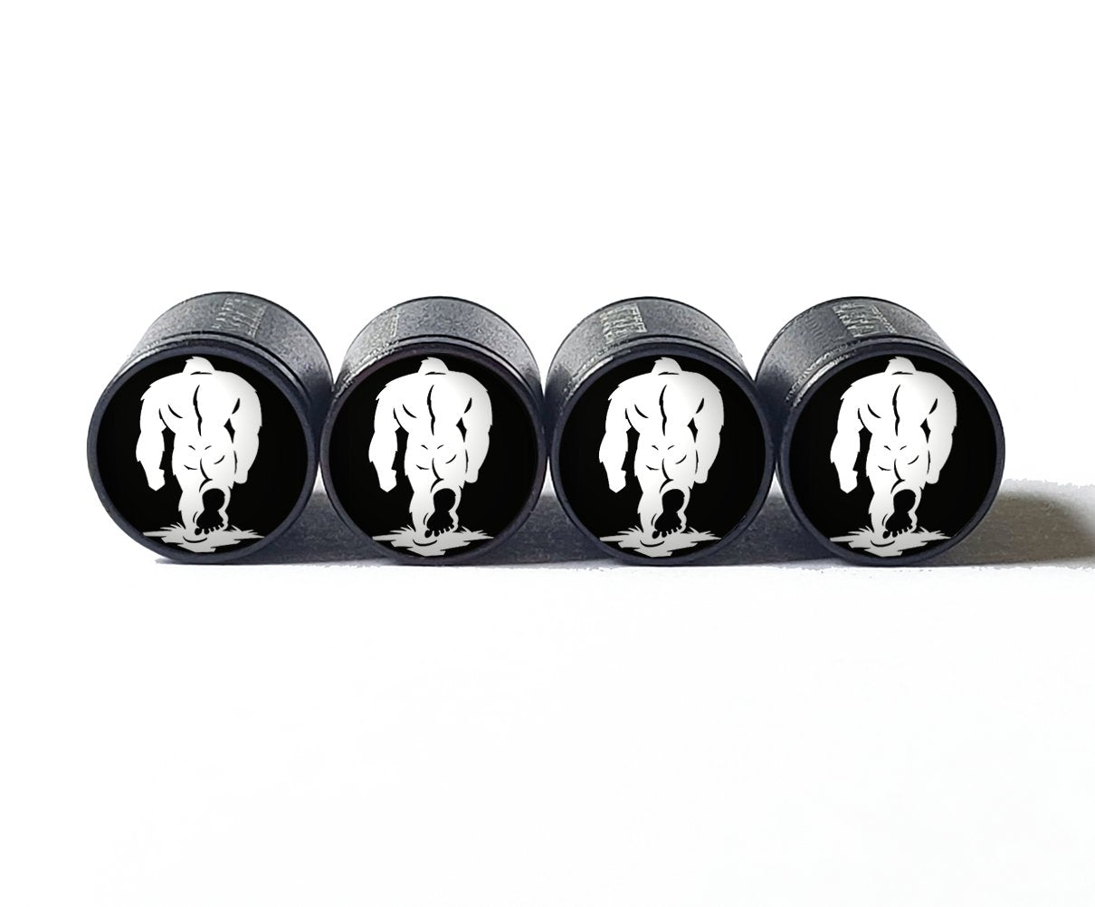 Bigfoot Sasquatch Walking Away Tire Valve Caps - Black Aluminum - Set of Four