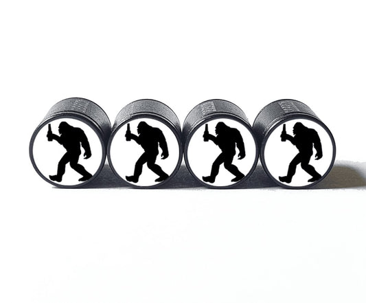 Bigfoot Sasquatch with Beer Bottle Tire Valve Caps - Black Aluminum - Set of Four