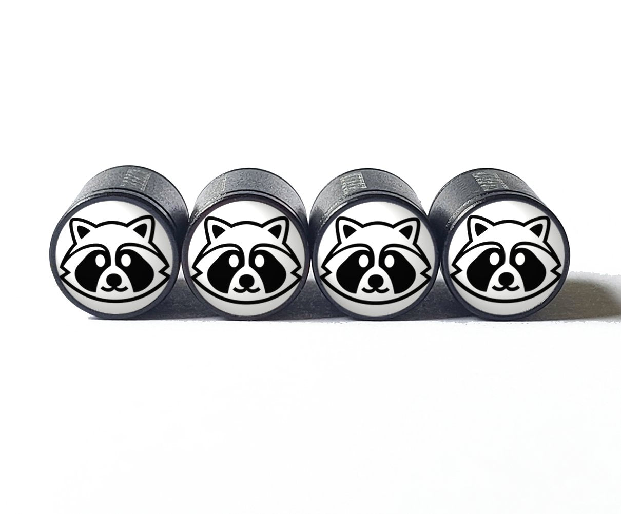 Black and White Raccoon Tire Valve Caps - Black Aluminum - Set of Four