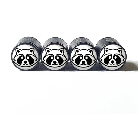 Black and White Raccoon Tire Valve Caps - Black Aluminum - Set of Four