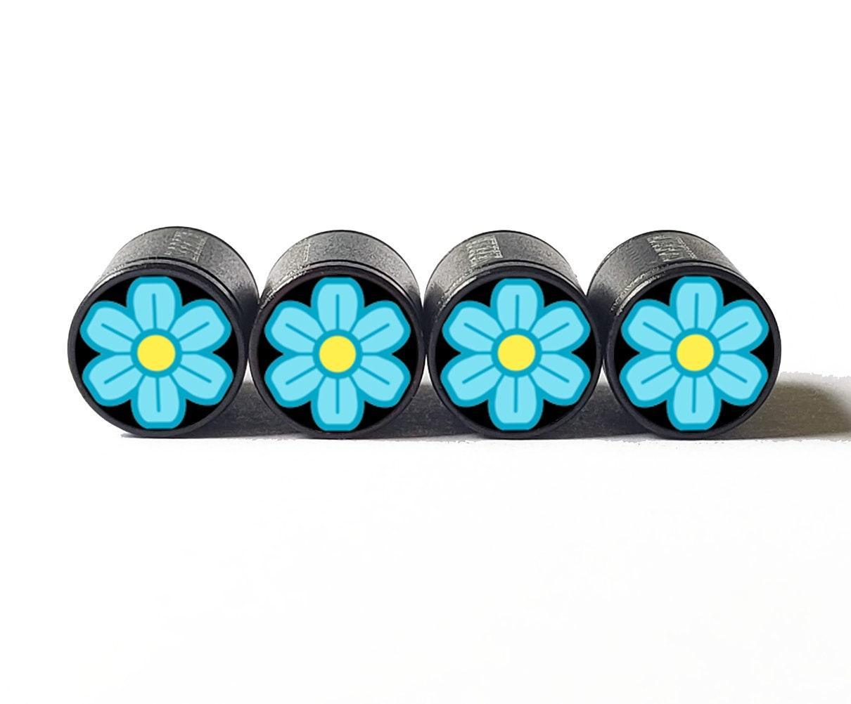 Blue and Yellow Flower Emoji Tire Valve Caps - Aluminum - Set of Four