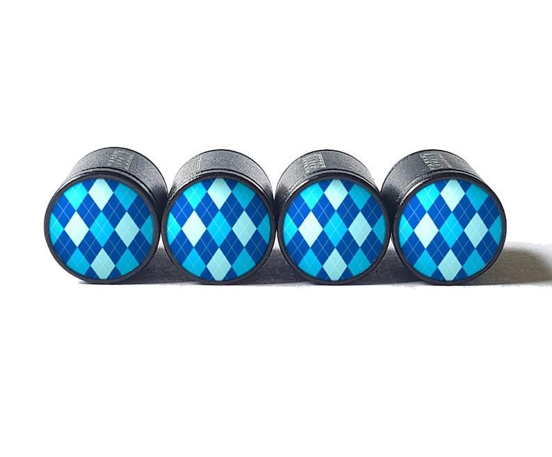 Blue Argyle Tire Valve Stem Caps - Black Aluminum - Set of Four