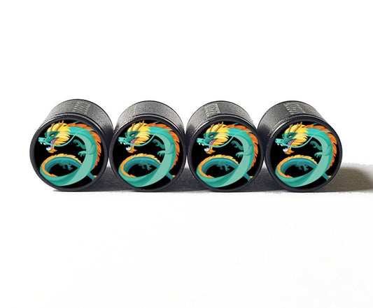 Blue Dragon Emoji Tire Valve Caps - Black Aluminum - Set of Four