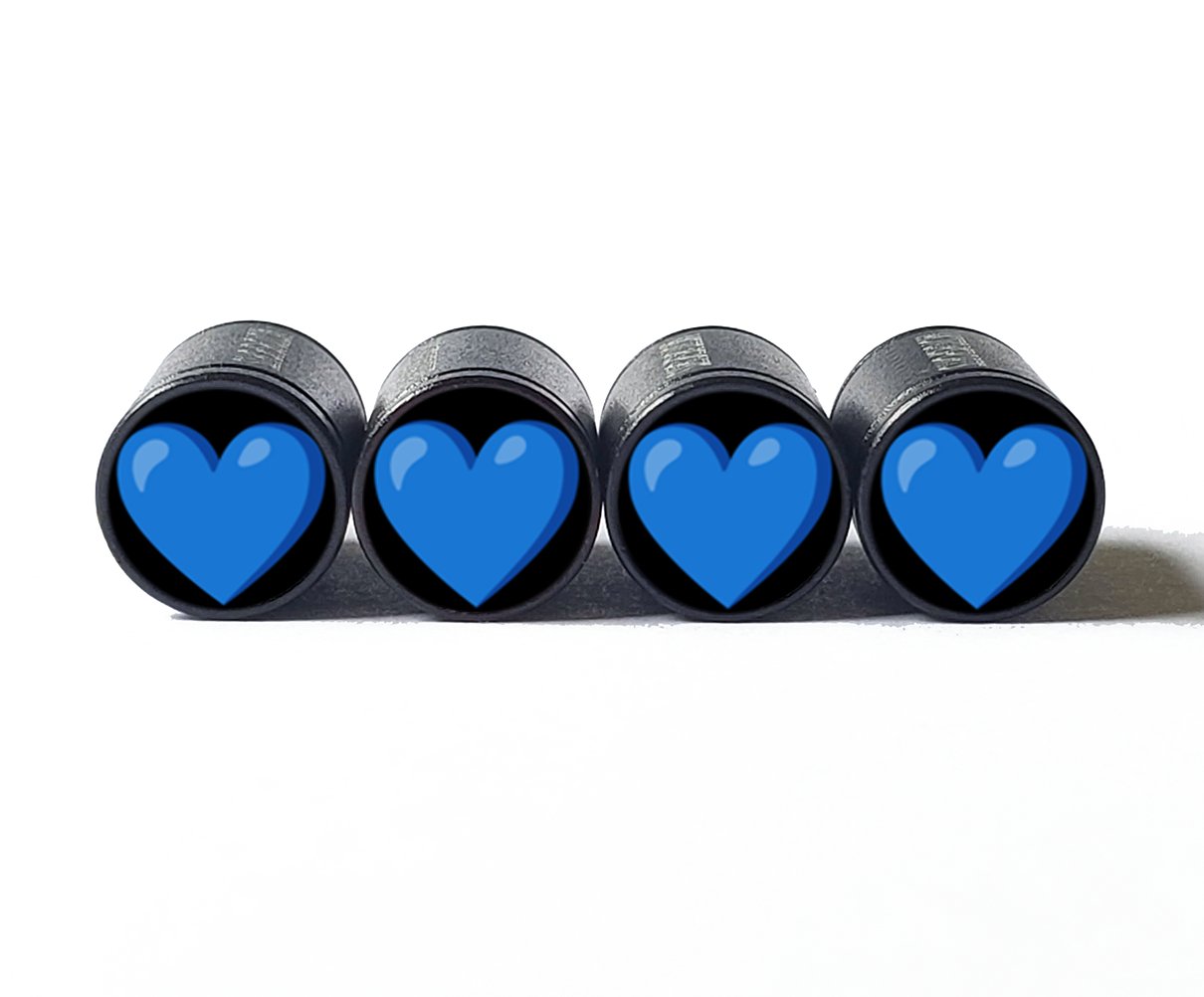 Blue Heart Emoji Tire Valve Caps - Black Aluminum - Set of Four