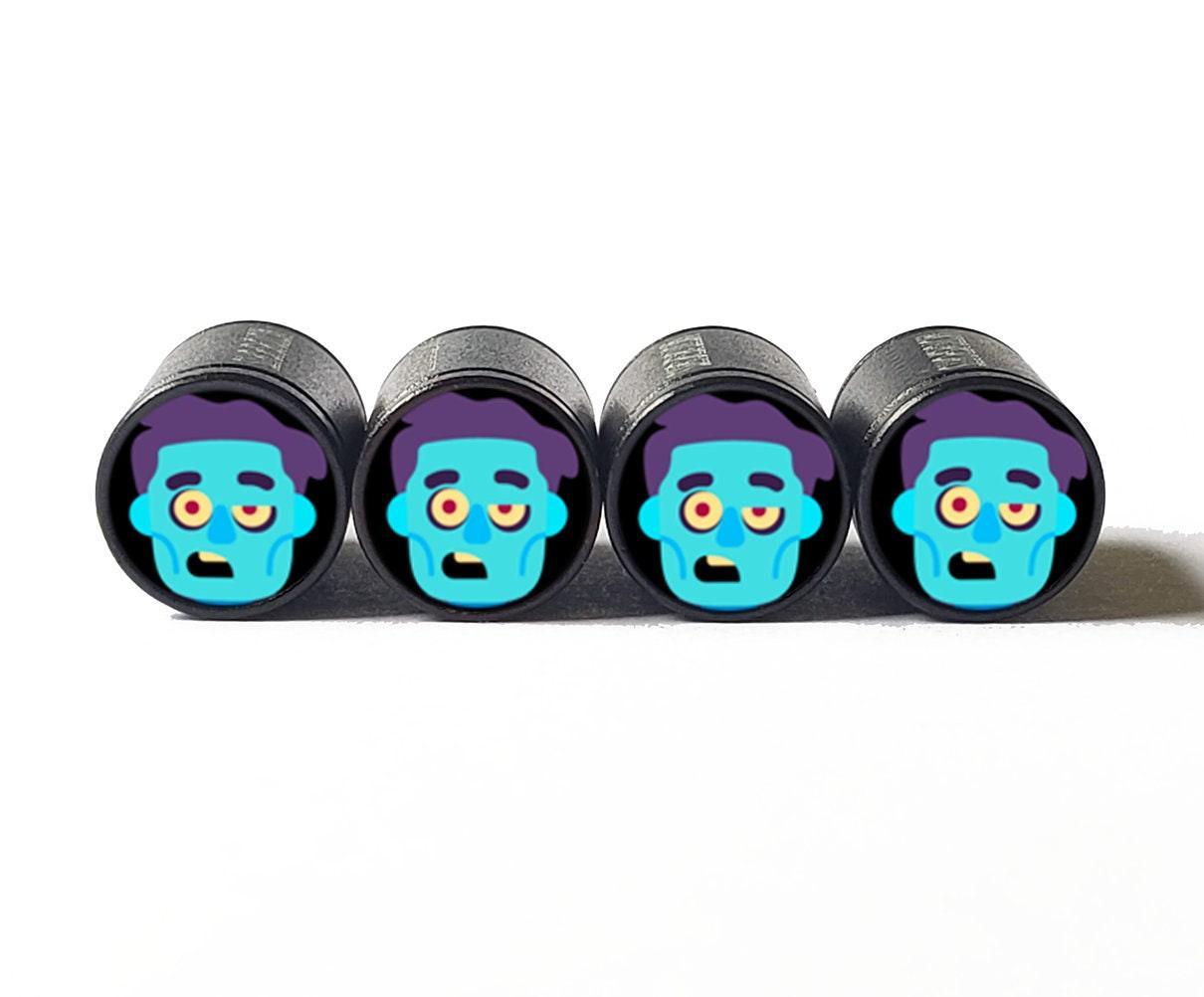 Blue Zombie Emoji Tire Valve Stem Caps - Black Aluminum - Set of Four