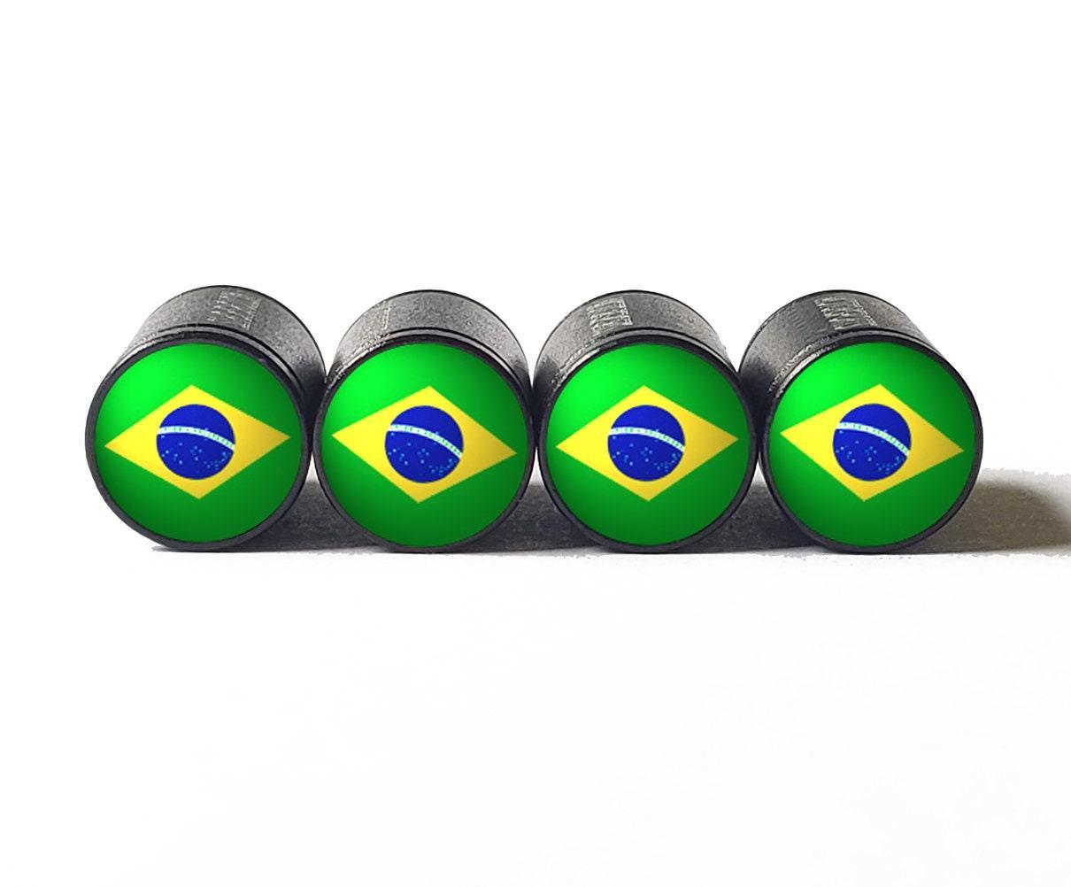 Brazil Flag Tire Valve Stem Caps - Black Aluminum - Set of Four