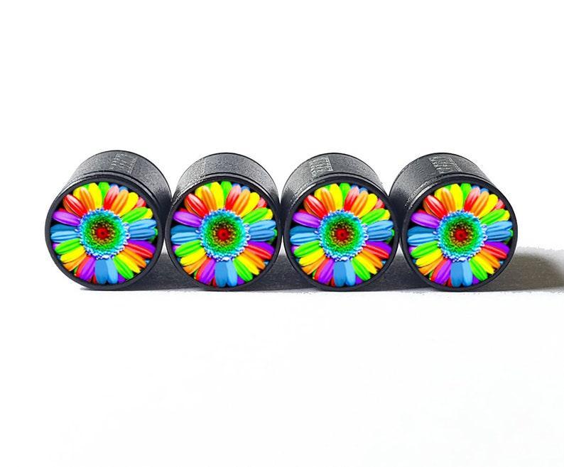 Bright Rainbow Daisy Flower Tire Valve Caps - Aluminum - Set of Four