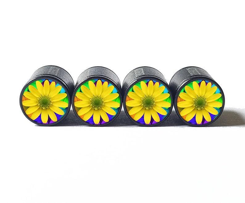 Bright Yellow Flower Tire Valve Caps - Black Aluminum - Set of Four