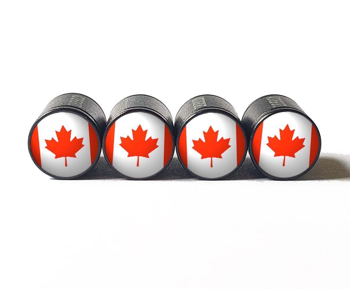 Canada Flag Tire Valve Stem Caps - Black Aluminum - Set of Four