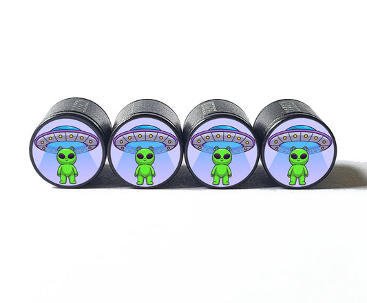 Cartoon Alien and its Spaceship Tire Valve Caps - Aluminum - Set of 4