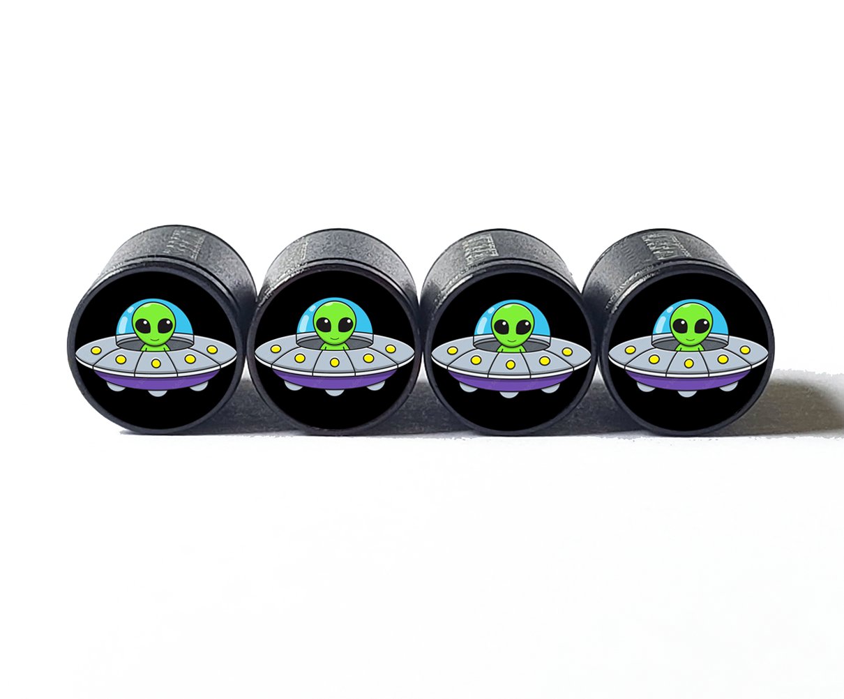 Cartoon Alien in Spaceship Tire Valve Caps - Black Aluminum - Set of 4