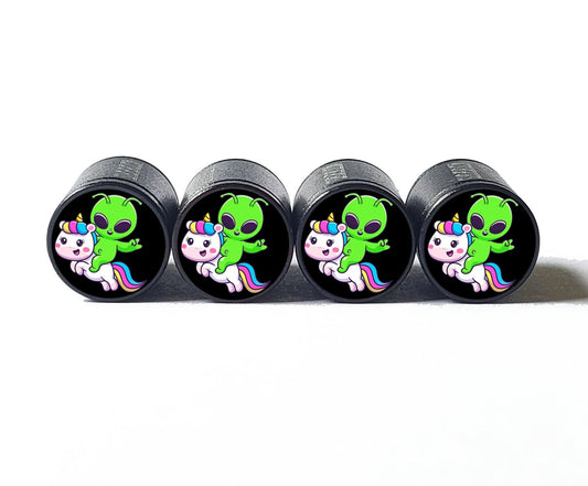 Cartoon Alien on Unicorn Tire Valve Caps - Black Aluminum - Set of 4