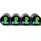 Cartoon Alien Weightlifting UFO's Tire Valve Caps - Black Aluminum - Set of Four