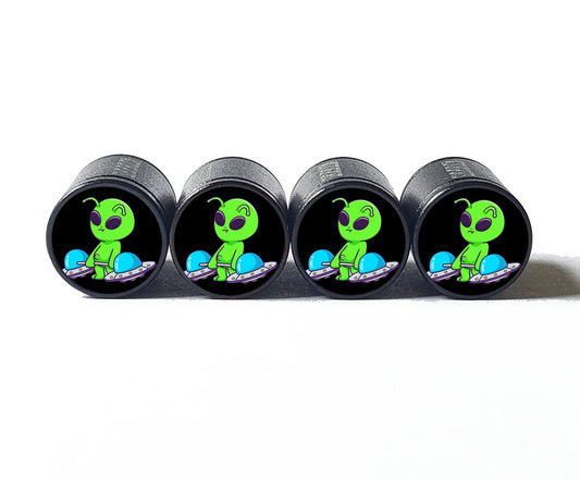 Cartoon Alien Weightlifting UFO's Tire Valve Caps - Black Aluminum - Set of Four