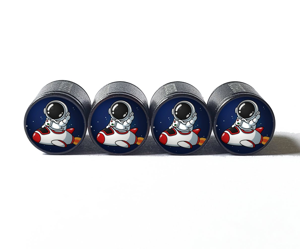 Cartoon Astronaut and Spaceship Tire Valve Caps - Aluminum - Set of 4