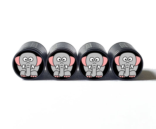 Cartoon Elephant Tire Valve Caps - Black Aluminum - Set of Four