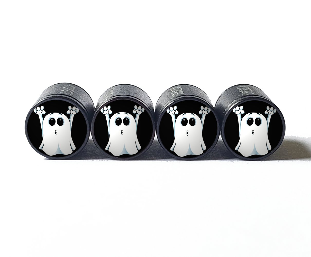 Cartoon Ghost Tire Valve Stem Caps - Black Aluminum - Set of Four