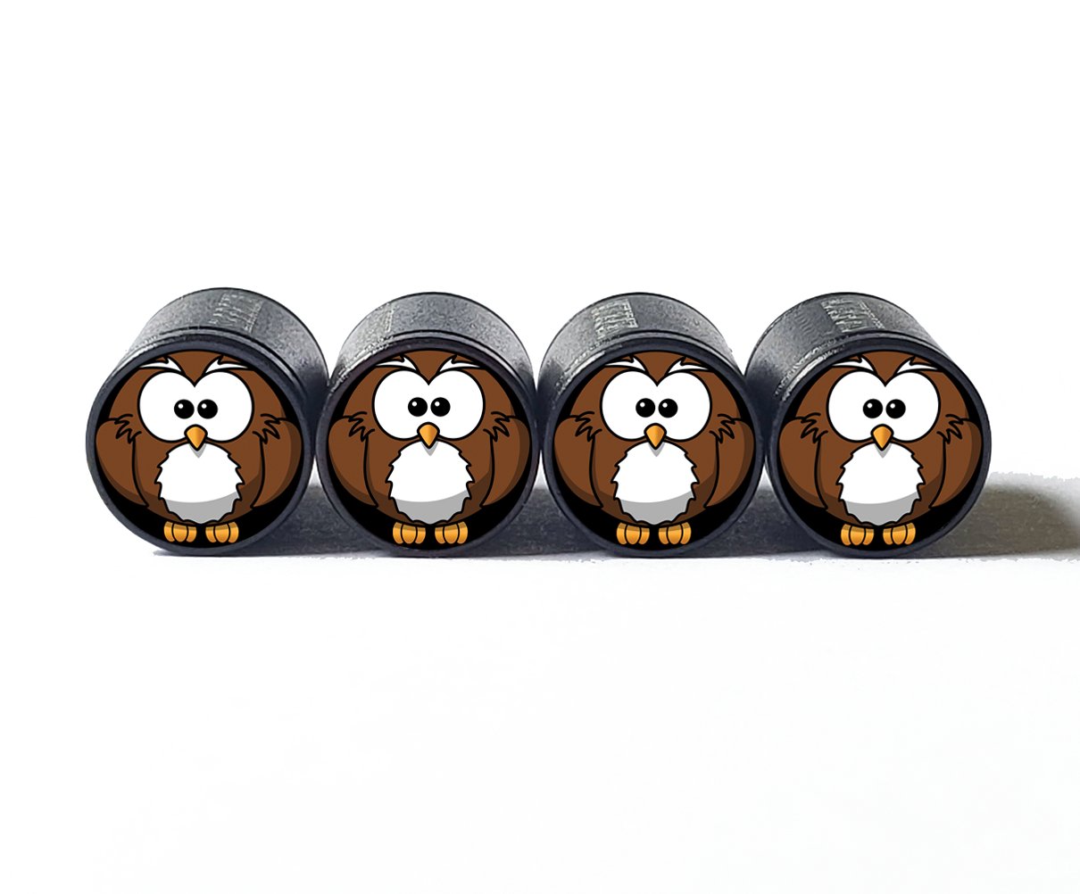 Cartoon Owl (Style 1) Tire Valve Caps - Black Aluminum - Set of Four