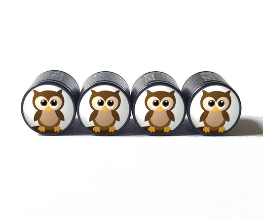 Cartoon Owl (Style 2) Tire Valve Caps - Black Aluminum - Set of Four