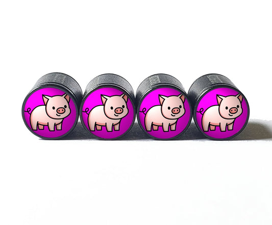 Cartoon Pig Piggy Tire Valve Caps - Black Aluminum - Set of Four