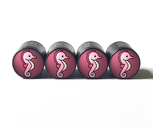 Cartoon Pink Seahorse Tire Valve Caps - Black Aluminum - Set of Four