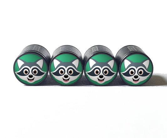 Cartoon Racoon Face Tire Valve Caps - Black Aluminum - Set of Four