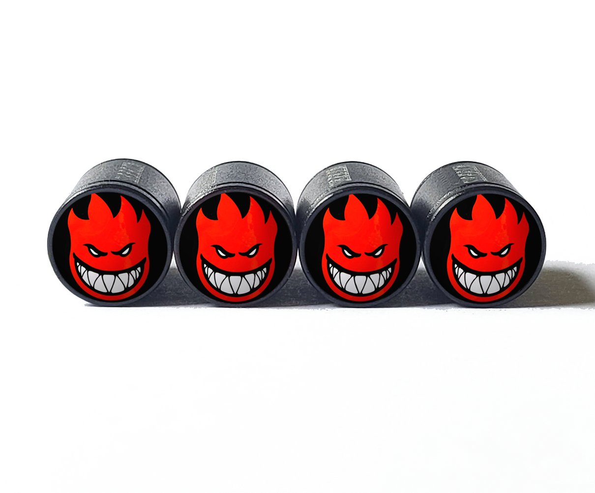 Cartoon Red Devil Tire Valve Caps - Black Aluminum - Set of Four