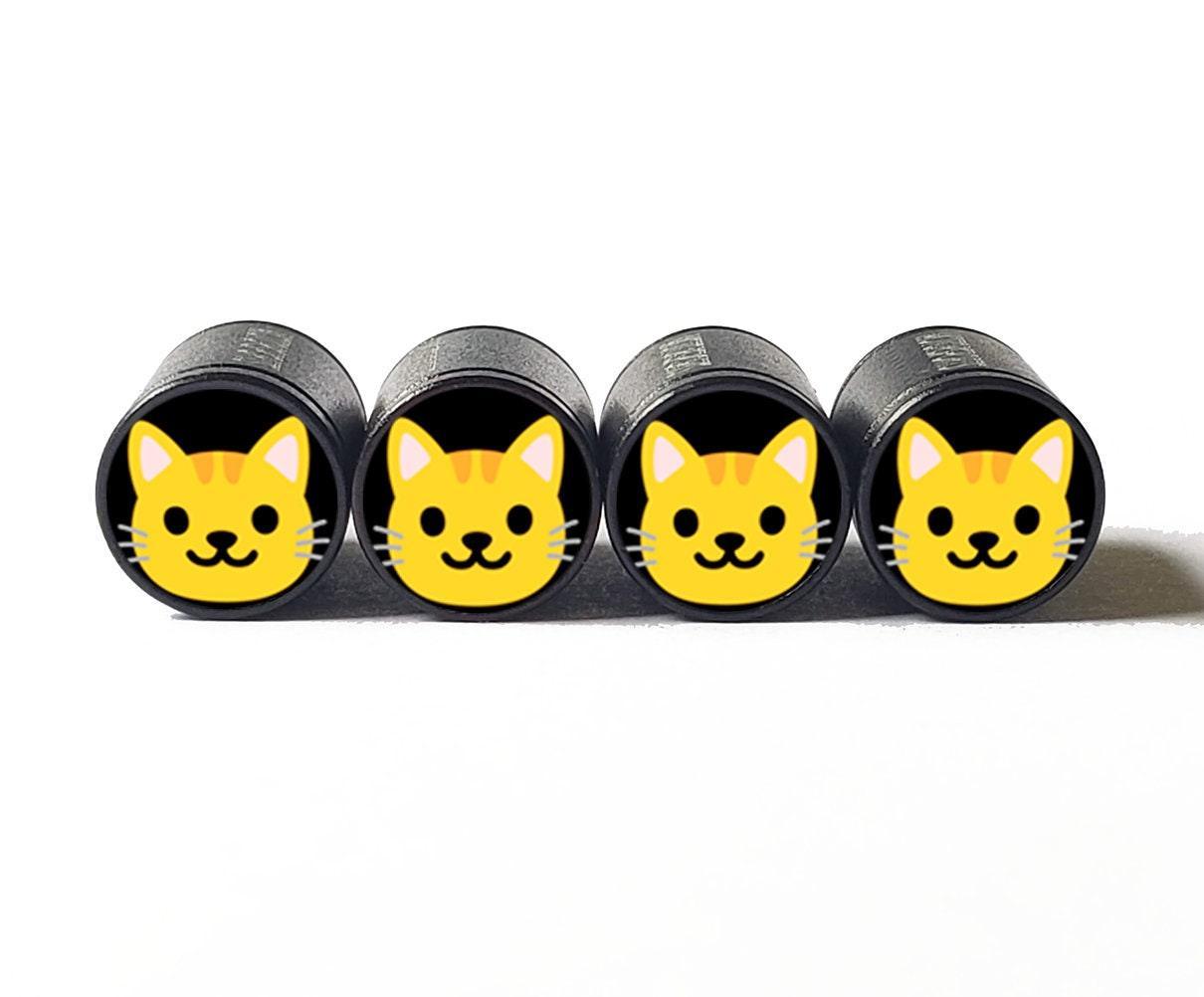 Cat Kitten Face Emoji Tire Valve Caps - Black Aluminum - Set of 4