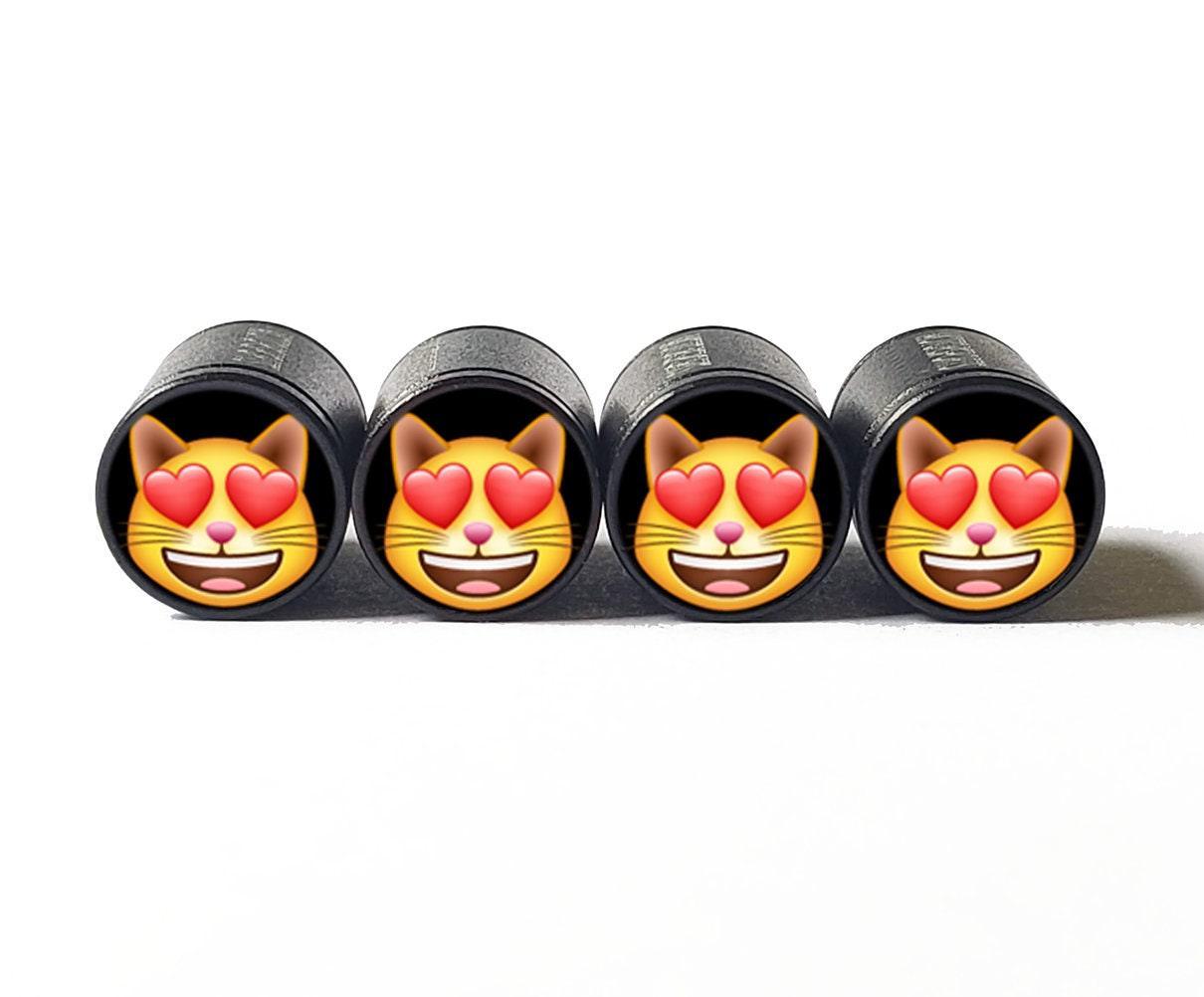 Cat with Heart Eyes Emoji Tire Valve Caps - Black Aluminum - Set of Four