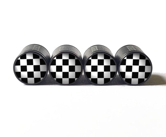 Checkered Flag Emoji Tire Valve Caps - Black Aluminum - Set of Four