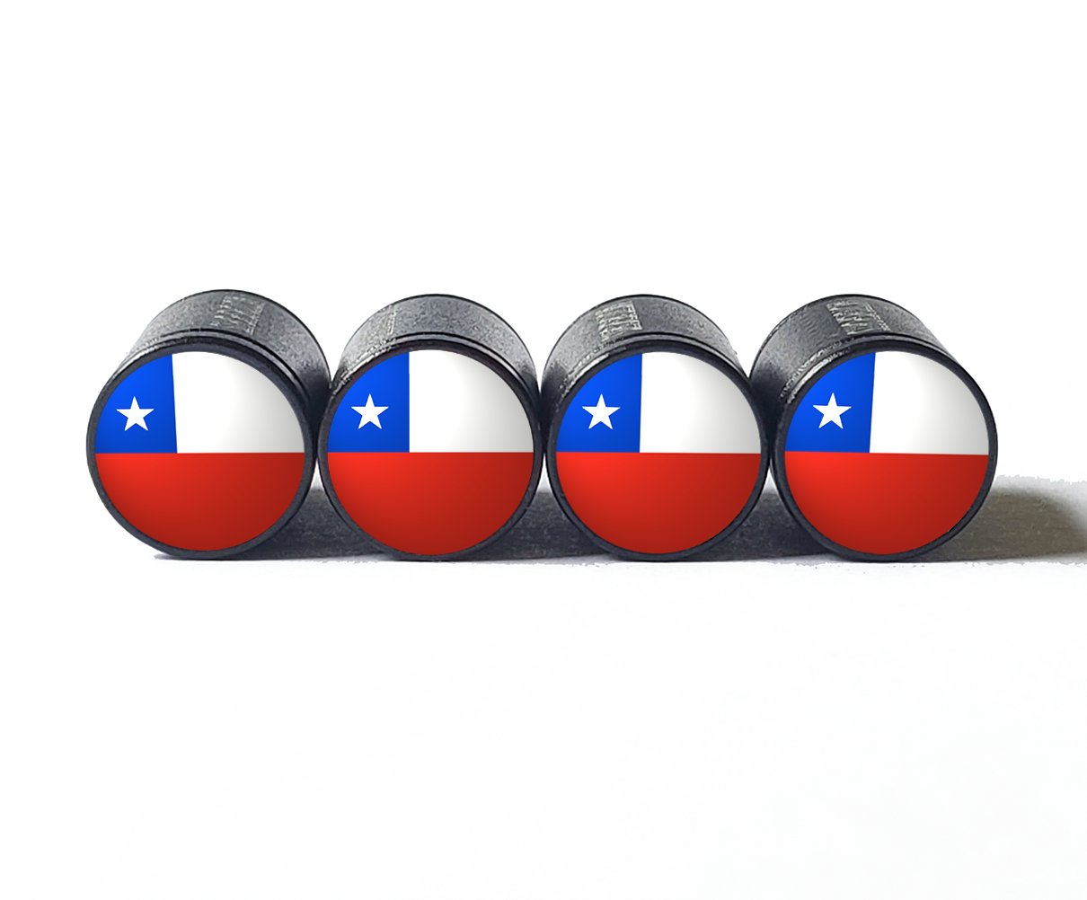 Chile Flag Tire Valve Stem Caps - Black Aluminum - Set of Four