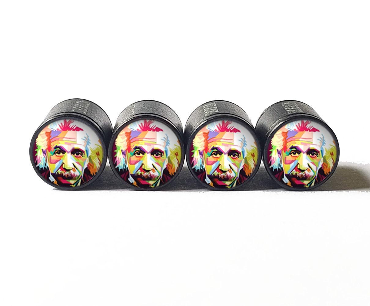 Colorful Albert Einstein Tire Valve Caps - Black Aluminum - Set of 4