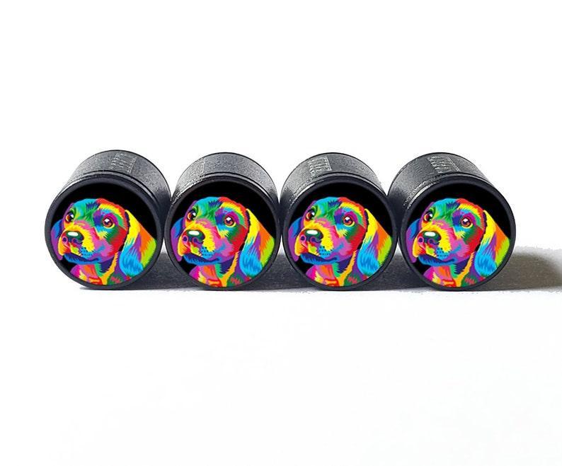 Colorful Dog Puppy Beagle Tire Valve Caps - Black Aluminum - Set of 4