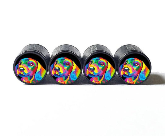 Colorful Dog Puppy Beagle Tire Valve Caps - Black Aluminum - Set of 4