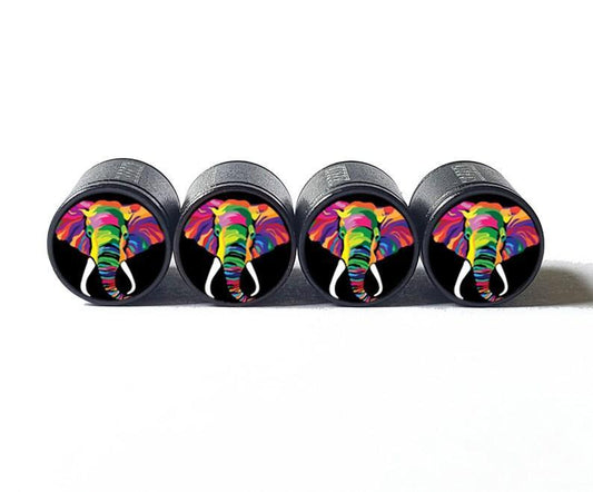 Colorful Elephant (Style 1) Tire Valve Caps - Black Aluminum - Set of Four