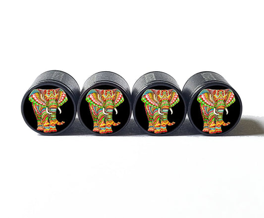 Colorful Elephant (Style 2) Tire Valve Caps - Black Aluminum - Set of Four