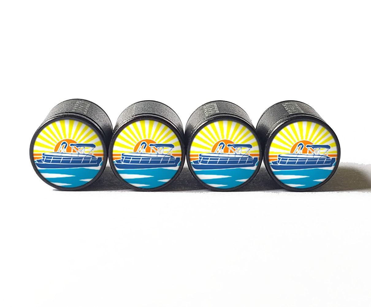 Colorful Pontoon Boat Tire Valve Caps - Black Aluminum - Set of Four