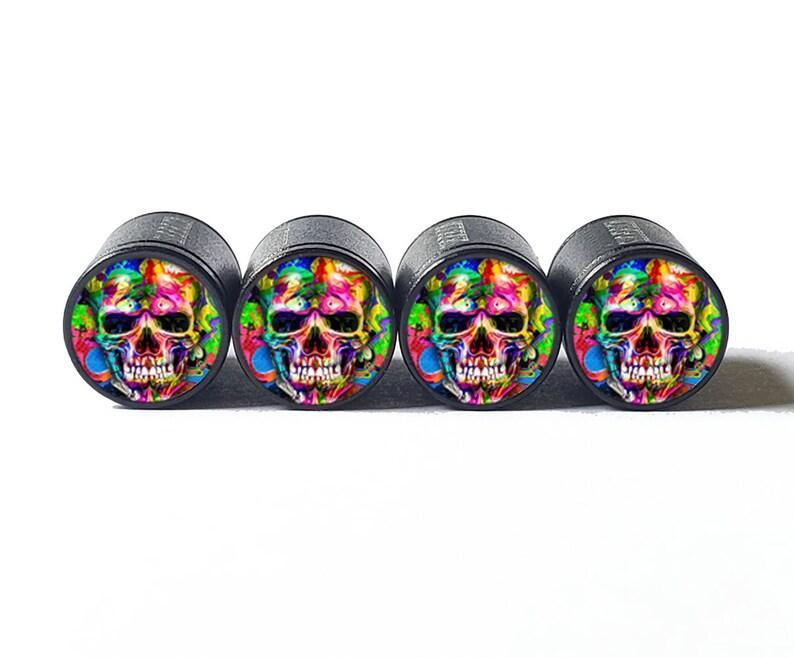 Colorful Skull Tire Valve Stem Caps - Black Aluminum - Set of Four